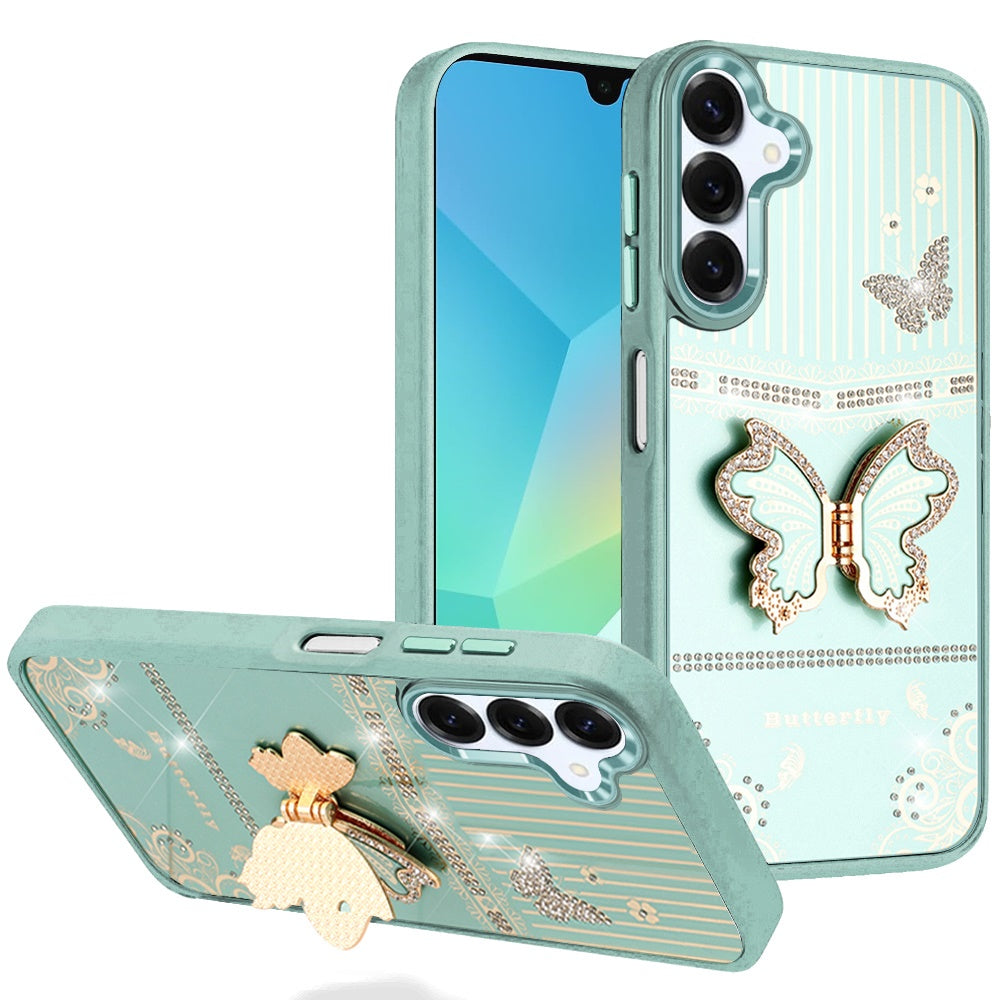 Samsung A16 5G Splendid Glitter Butterfly Design Stand with Metallic Edges Hybrid Case - Teal ( 1103670) (MSRP $49.99)