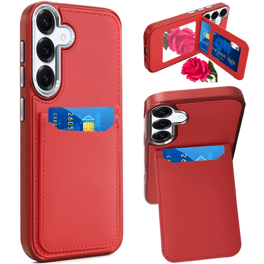 Samsung A16 5G Card Holder with Mirror Inside PU Leather Hybrid Case - Red ( 1103684) (MSRP $59.99)