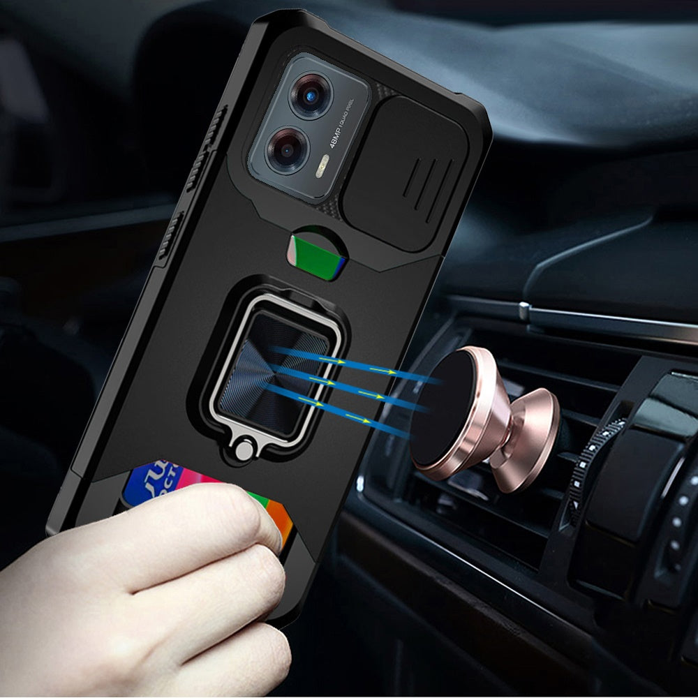 Motorola Moto G 5G 2024 Multi-Functional Card Magnetic Ring Stand Hybrid Camera Case Cover - Black (1106798)
