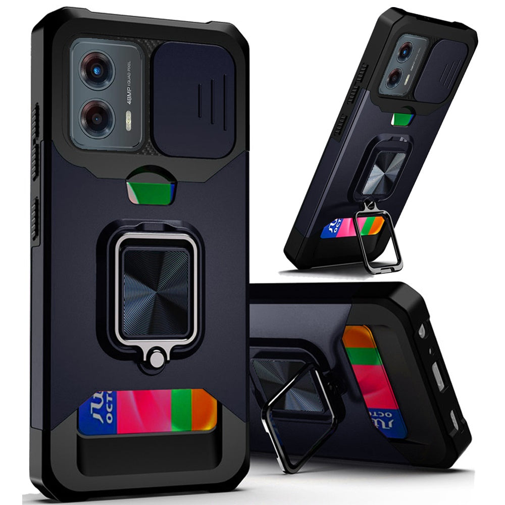 Motorola Moto G 5G 2024 Multi-Functional Card Magnetic Ring Stand Hybrid Camera Case Cover - Blue (1106799)