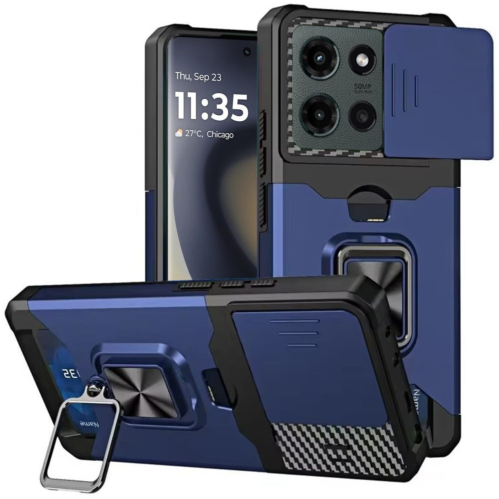 Motorola Edge 2025 Multi-Functional Card Magnetic Ring Stand Hybrid Camera Case Cover - Blue ( 1103557) (MSRP $49.99)
