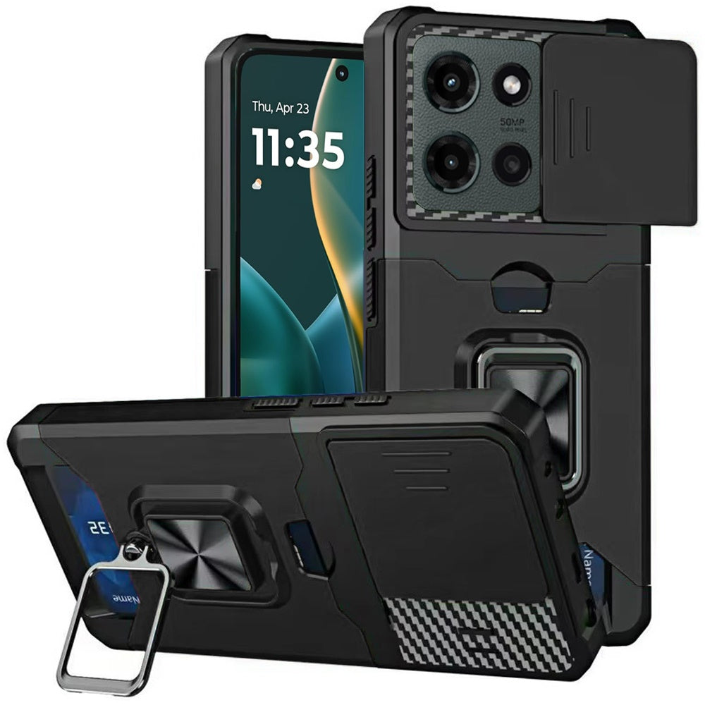 Moto G Stylus 5G 2025 Multi-Functional Card Magnetic Ring Stand Hybrid Camera Case Cover - Black (1102854)
