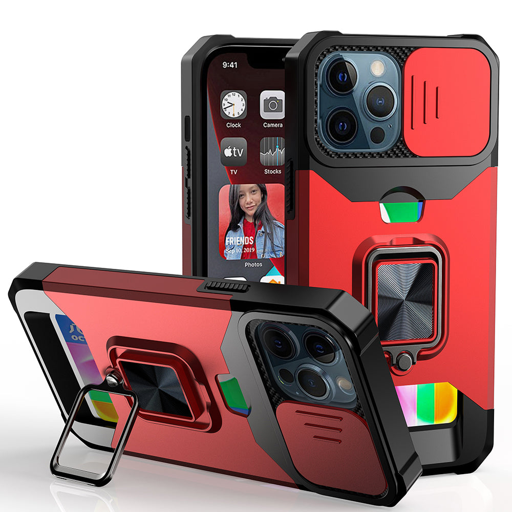 Apple iPhone 13 Pro Multi-Functional Card Magnetic Ring Stand Hybrid Camera Case Cover - Red (1102771)