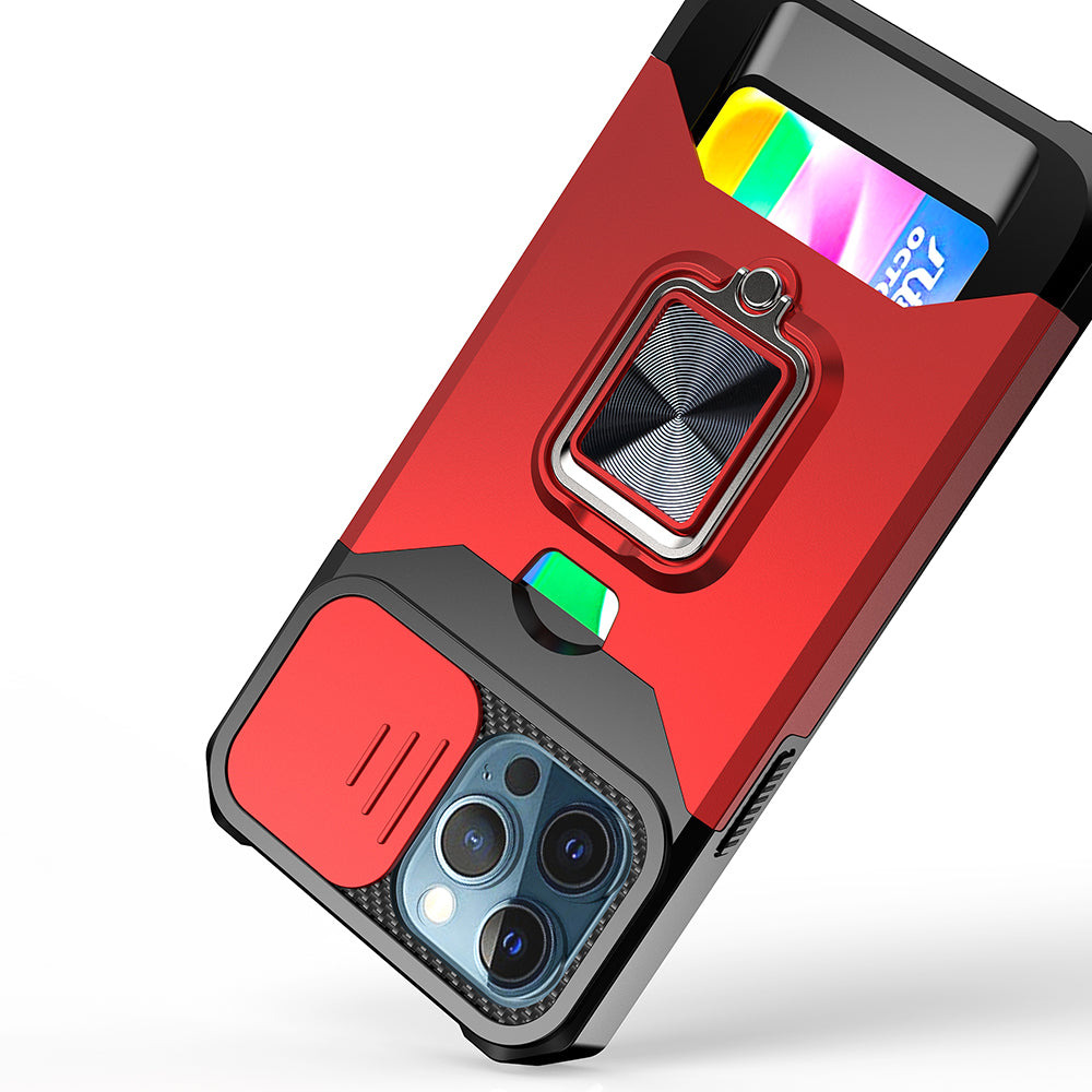 Apple iPhone 13 Pro Multi-Functional Card Magnetic Ring Stand Hybrid Camera Case Cover - Red (1102771)