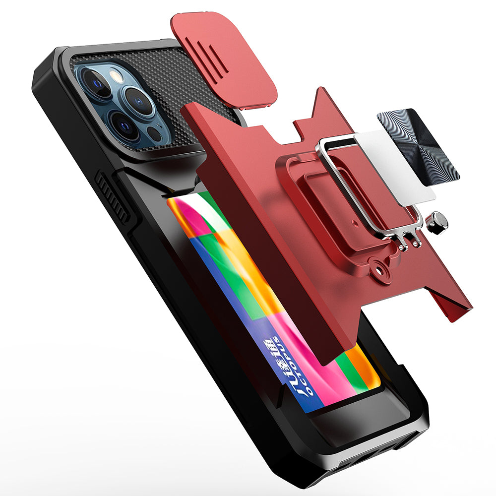 Apple iPhone 13 Pro Multi-Functional Card Magnetic Ring Stand Hybrid Camera Case Cover - Red (1102771)