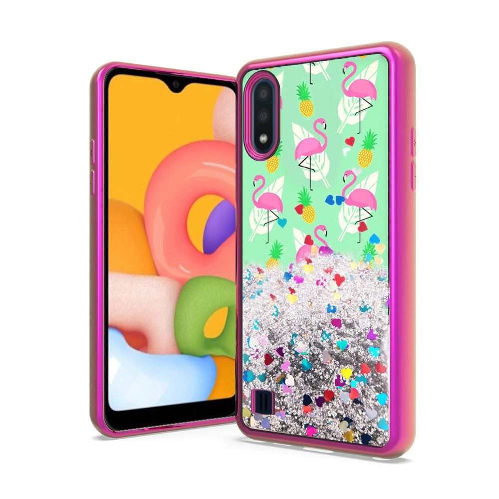 Samsung A01 Design Water Quicksand Glitter Chrome TPU - Flamingo Pineapple Feather (9769)