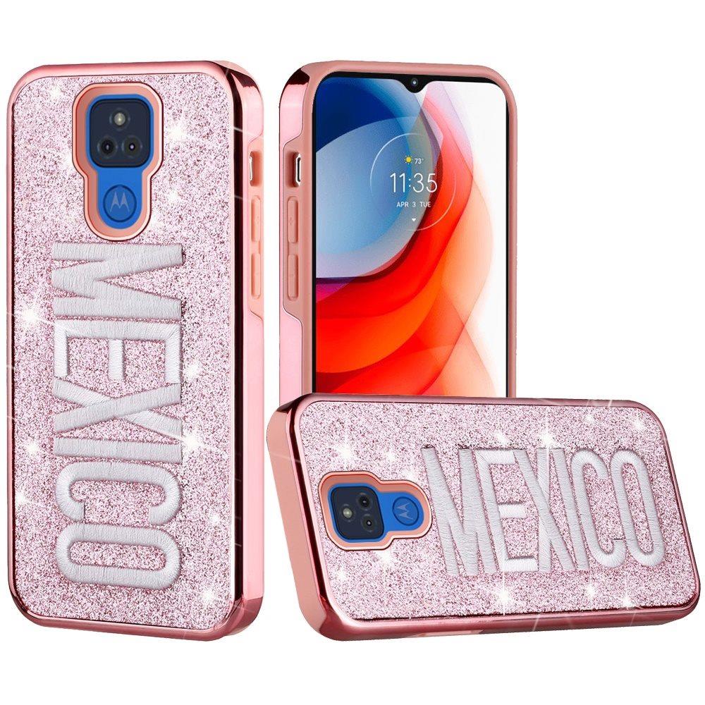 Moto G Play 2021 Embroidery Bling Glitter Chrome Hybrid Case Cover - Mexico on Pink (1101370)