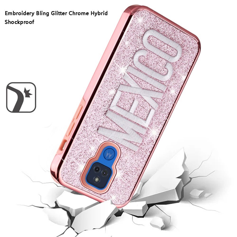 Moto G Play 2021 Embroidery Bling Glitter Chrome Hybrid Case Cover - Mexico on Pink (1101370)