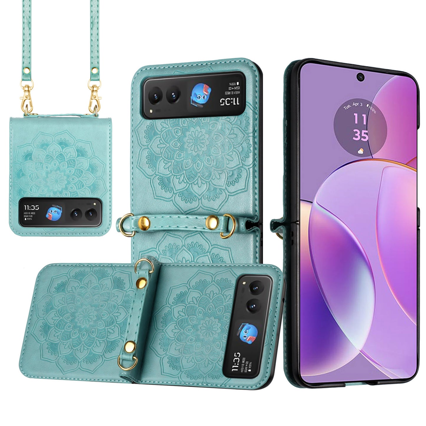 Motorola Razr 2023 Embossed Floral Design Case Cover with Strap - Teal (1106331)