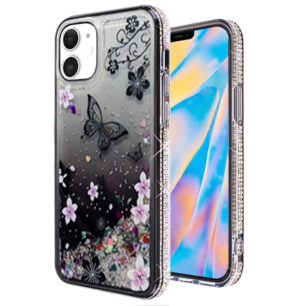 Apple iPhone 12 Mini 5.4 Quicksand Diamond Bumper Hybrid Case Cover - Black Butterfly Floral (110201)