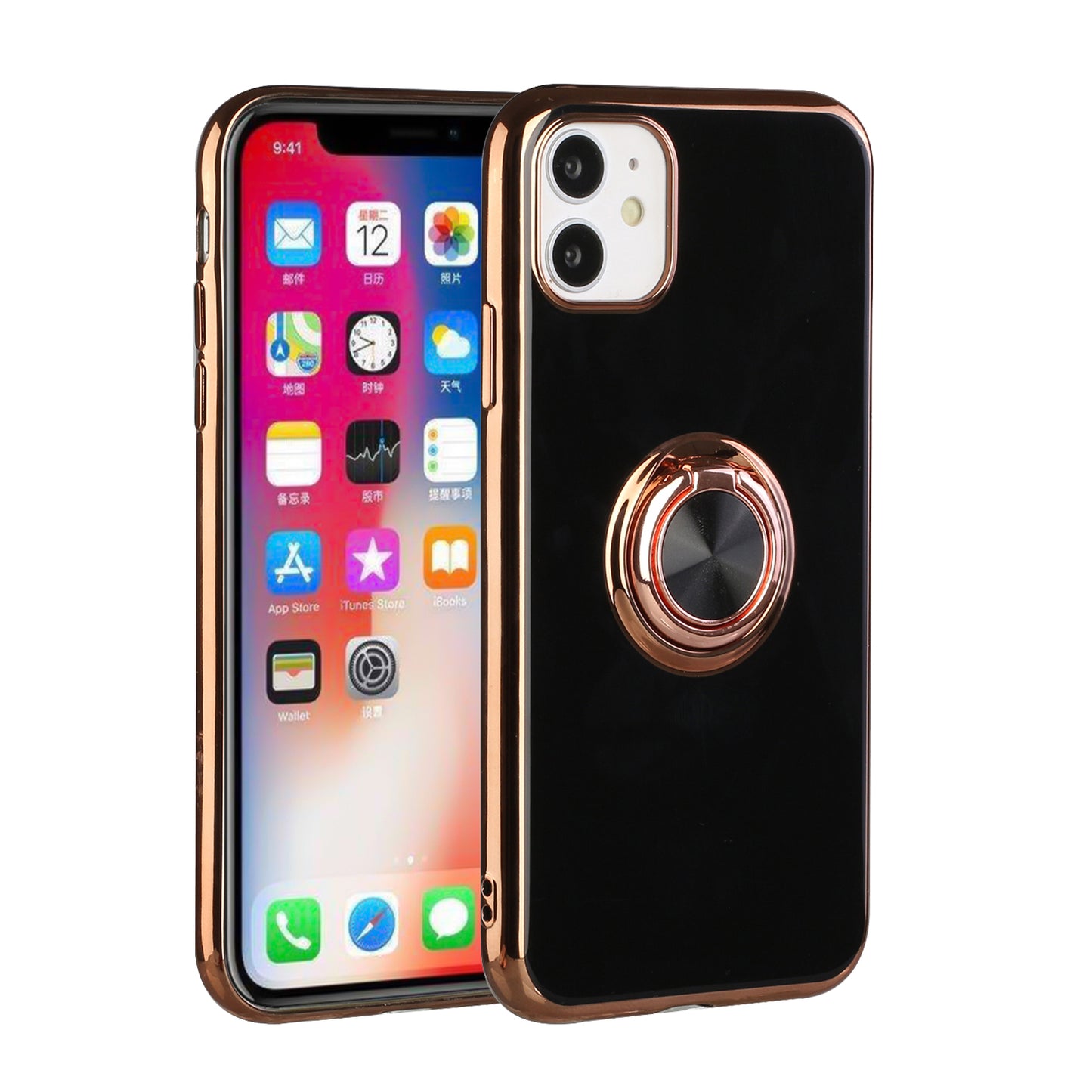 Apple iPhone 12 Pro Max 6.7 Electroplated TPU with Metal Ring Stand Case Cover - Black (1100445)