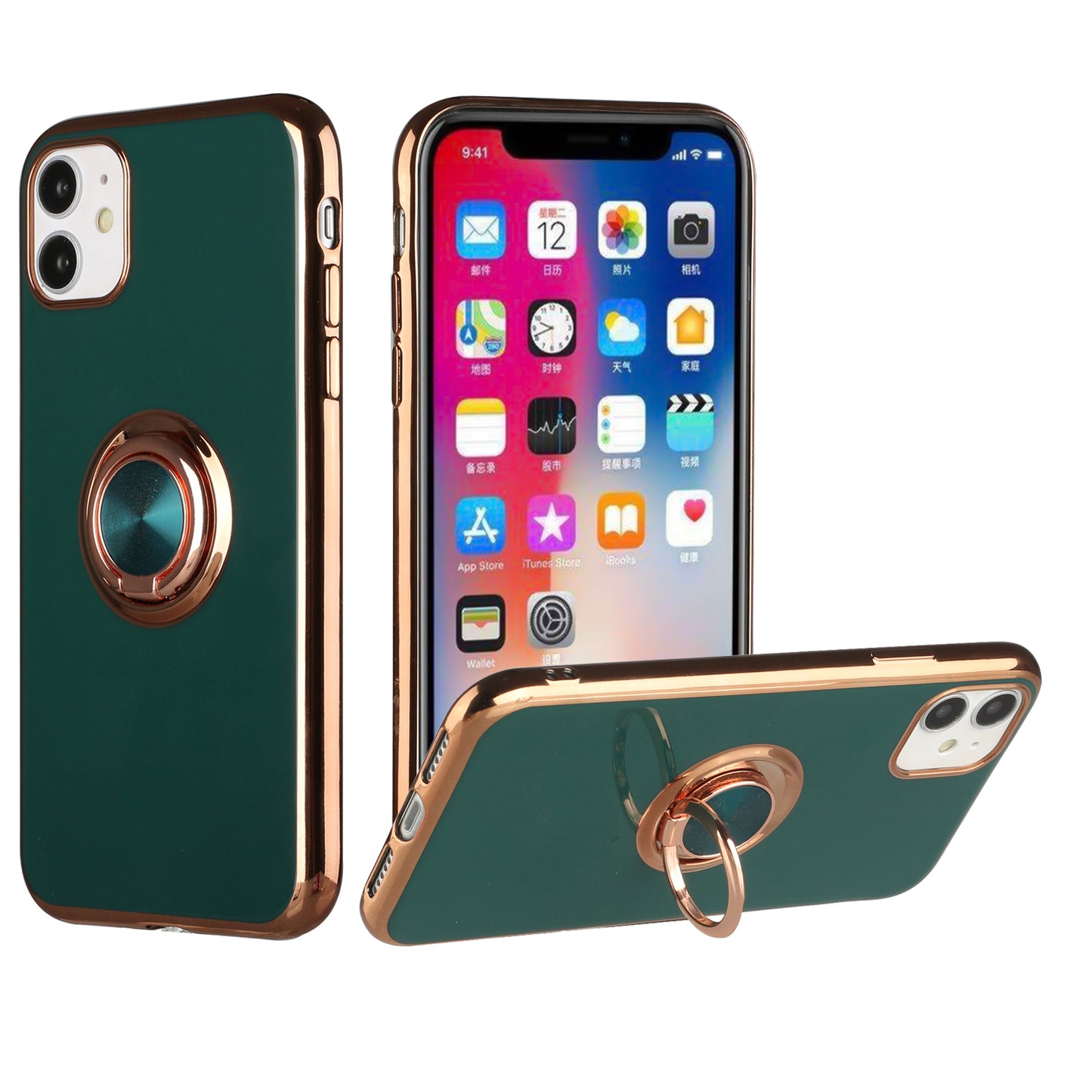 Apple iPhone 12 Pro Max 6.7 Electroplated TPU with Metal Ring Stand Case Cover - Midnight Green (1100447)