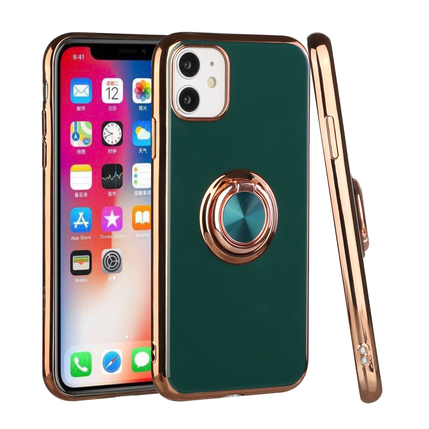 Apple iPhone 12 Pro Max 6.7 Electroplated TPU with Metal Ring Stand Case Cover - Midnight Green (1100447)