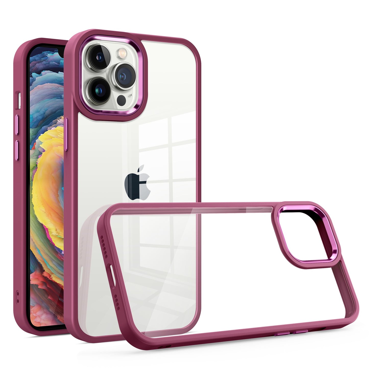 Apple iPhone 14 MAX Finest Transparent Thick Acrylic Hybrid Metal Buttons Cover Case - Burgundy (1104635)