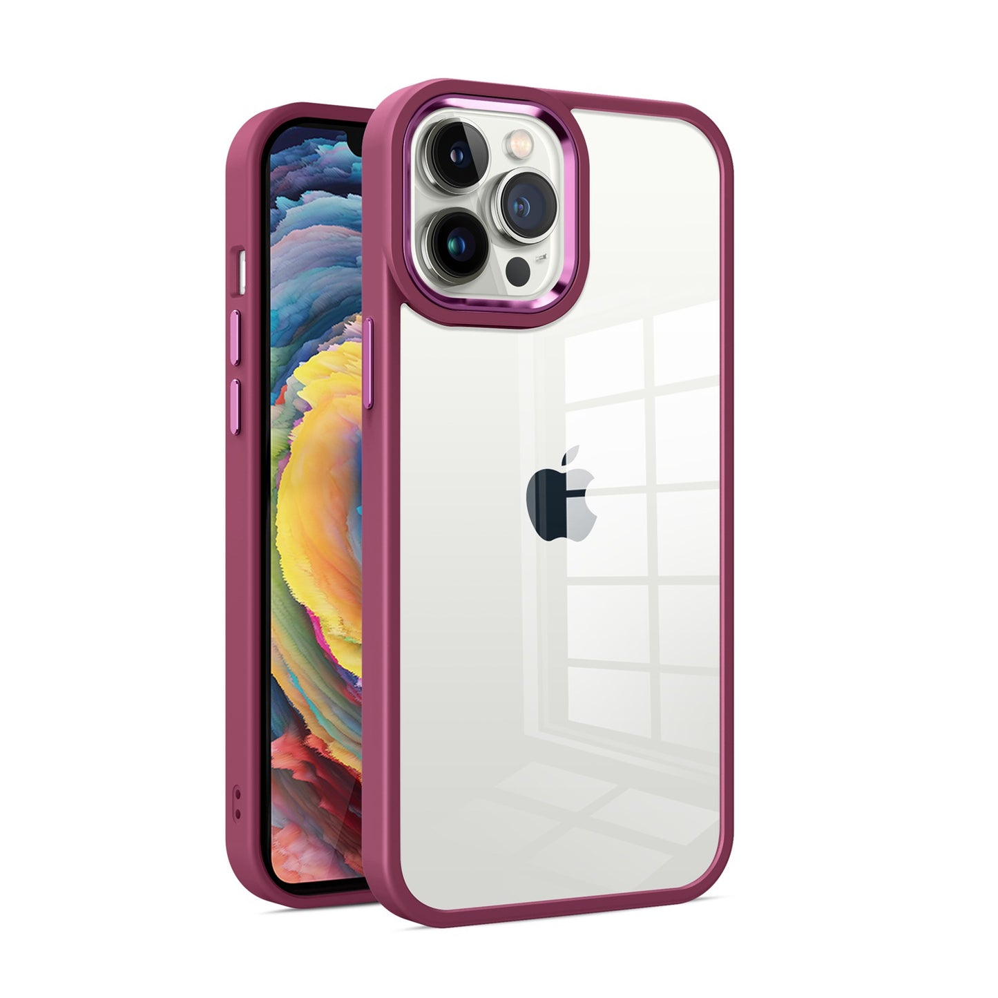 Apple iPhone 14 MAX Finest Transparent Thick Acrylic Hybrid Metal Buttons Cover Case - Burgundy (1104635)