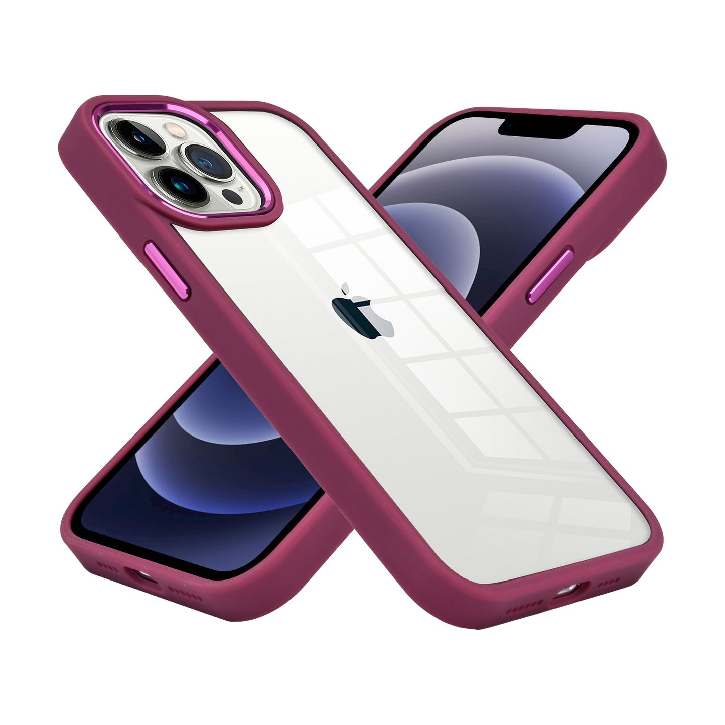 Apple iPhone 14 MAX Finest Transparent Thick Acrylic Hybrid Metal Buttons Cover Case - Burgundy (1104635)