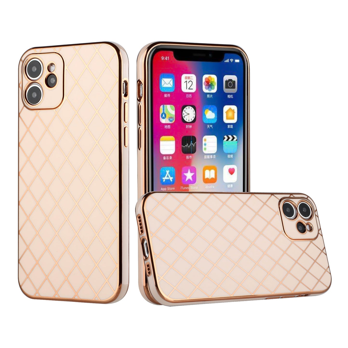 Apple iPhone 12 Pro Max 6.7 Electroplated Grid Diamond Lines TPU Case Cover - Rose Gold (1101319)