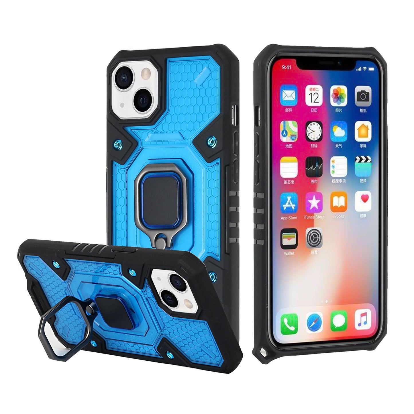 Apple iPhone 13 Pro Max 6.7 Transparent Design Shockproof Magnetic Ring Stand Case Cover - Blue (1102175)