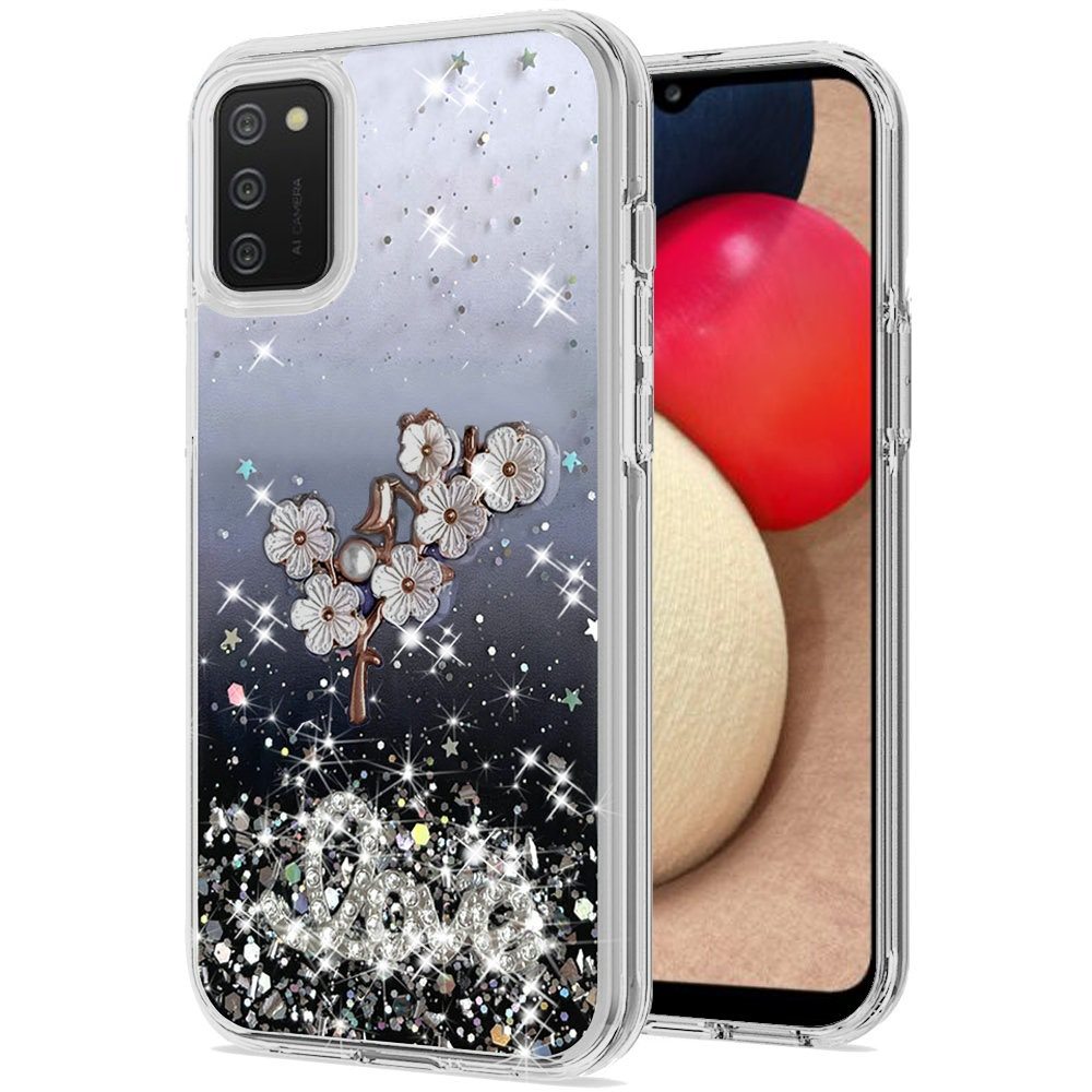 Samsung A02s Love Floral Ornament Epoxy Shimmer Glitter Case Cover - Black (1101512)