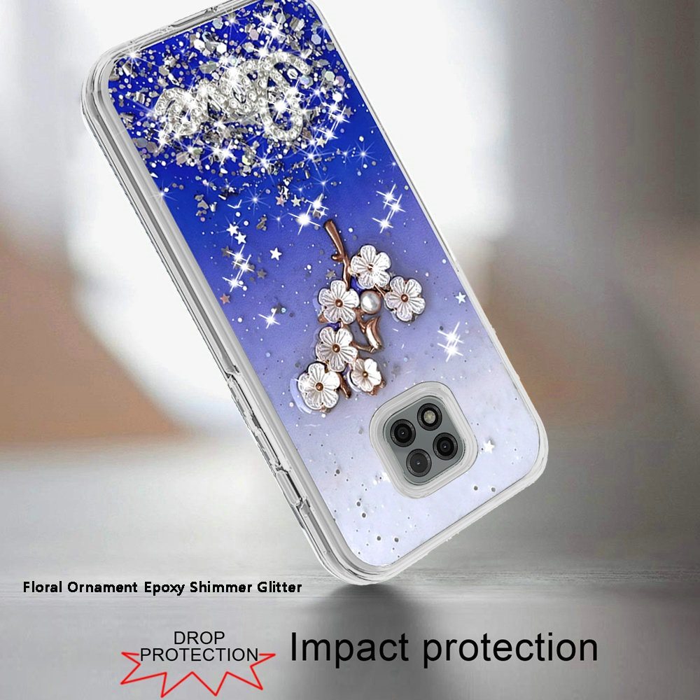 Moto G Power 2021 Love Floral Ornament Epoxy Shimmer Glitter Case Cover - Blue (1102898)