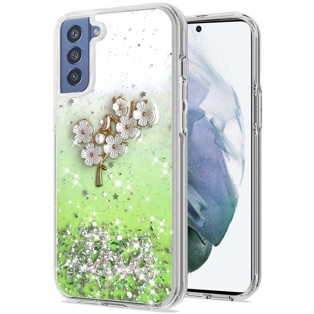 Samsung Galaxy S21 FE Love Floral Ornament Epoxy Shimmer Glitter Case Cover - Neon Green (1103300)