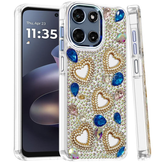Moto G 5G 2025/2026 / G PLAY 2026 Luxury Crystal Heart Rhinestones Diamond Bling Hybrid Case - Blue (1108089) (MSRP $59.99)