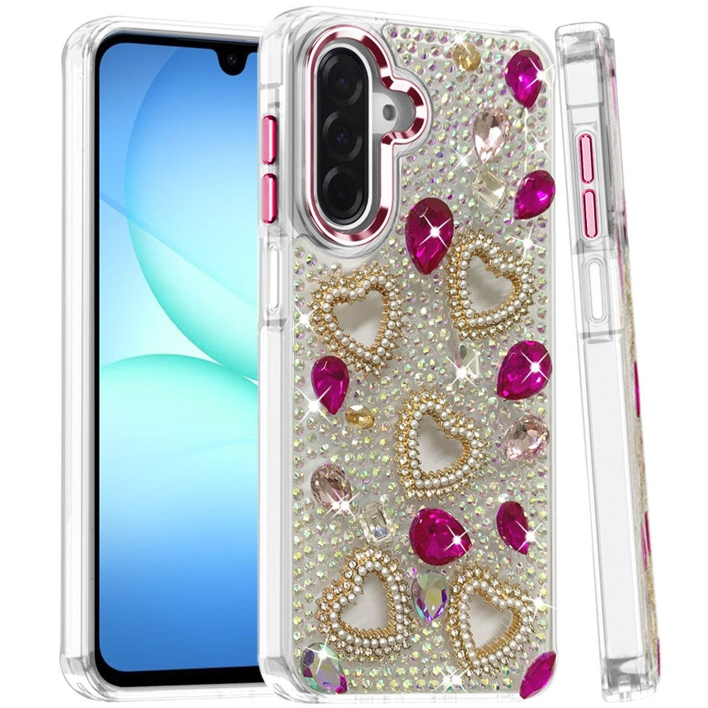 Samsung A17 / A16 5G Luxury Crystal Heart Rhinestones Diamond Bling Hybrid Case - Hot Pink (1108096) (MSRP $59.99)
