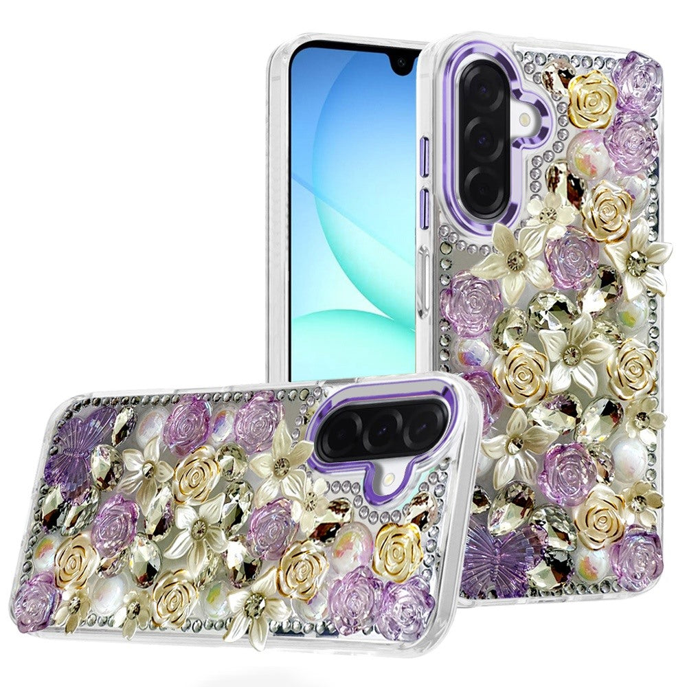 Samsung A17 / A16 5G Muti-Color Rose Bling Stones Ornaments Case - Purple (1108095) (MSRP $59.99)