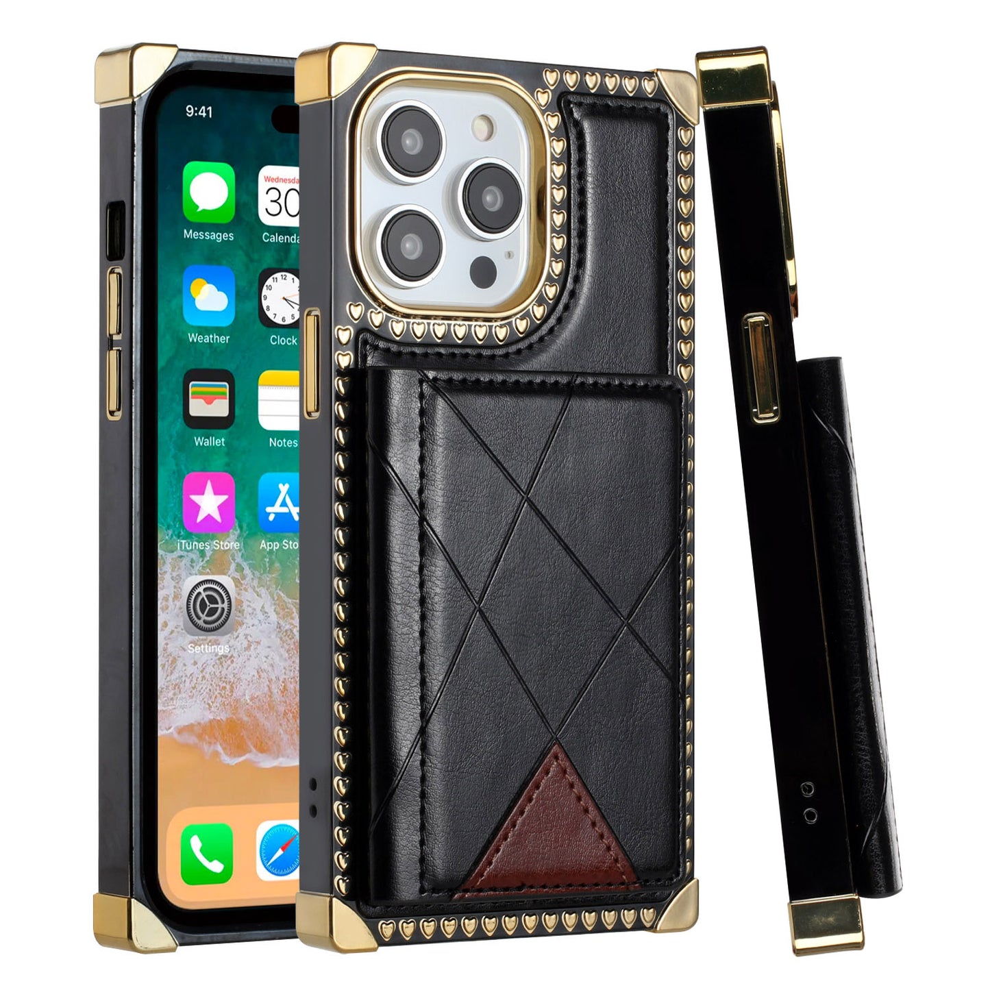 iPhone 11 (XI6.1) Card Holder Passion Square Chromed Heart Ornaments PU Leather Case Cover - Black (1107072)