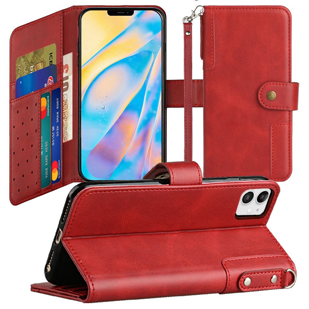 Apple iPhone 13 Pro Retro Wallet Card Holder Case Cover - Red (1102780)