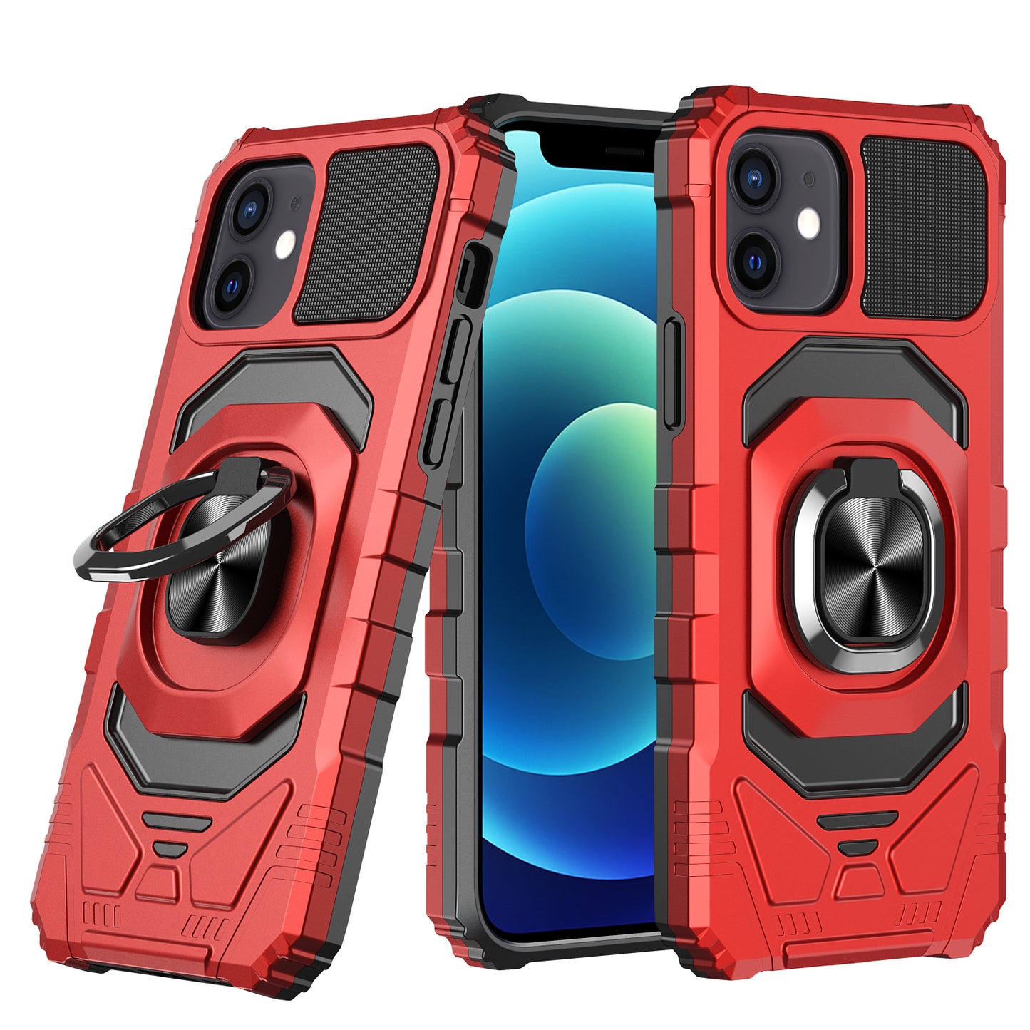 Apple iPhone 13 Mini 5.4 Robotic Hybrid with Magnetic Ring Stand Case Cover - Red (1101984)