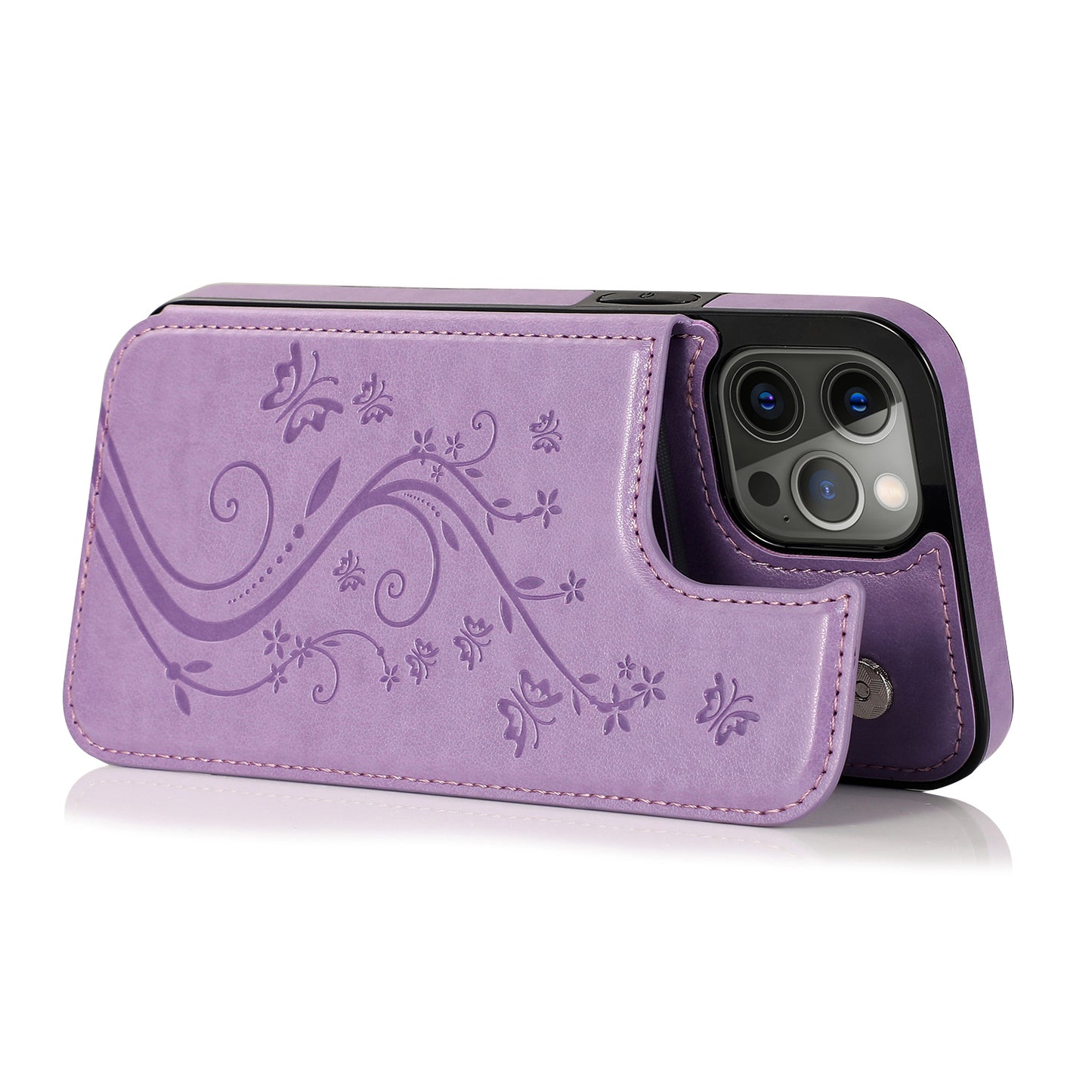 Apple iPhone 12 Pro Max 6.7 Luxury Side Magnetic Button Card ID Holder PU Leather Case Cover - Light Purple Butterfly (1100448)