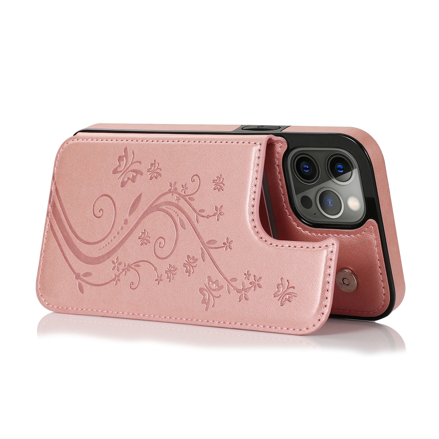 Apple iPhone 12 Pro Max 6.7 Luxury Side Magnetic Button Card ID Holder PU Leather Case Cover - Rose Gold Butterfly (1100449)