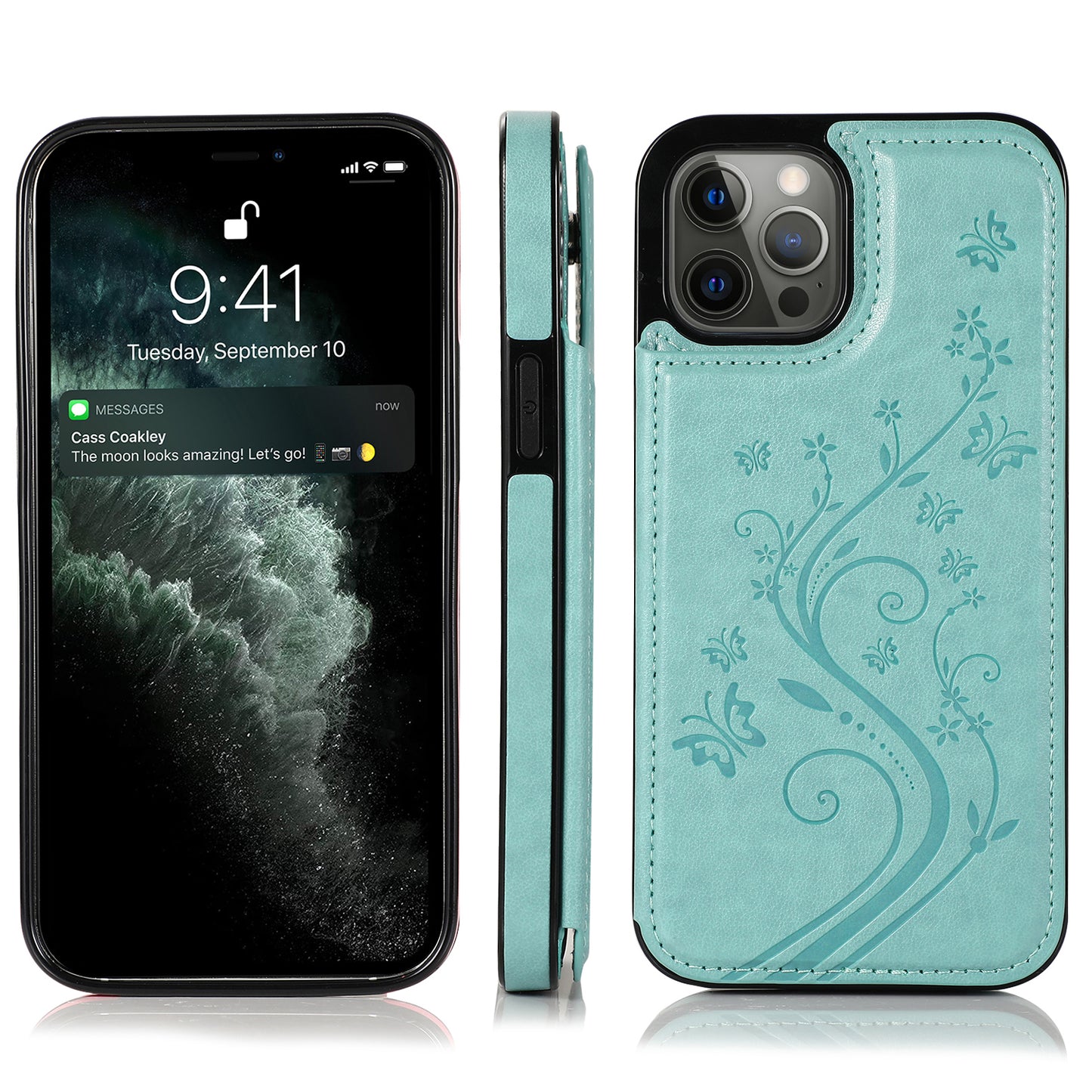 Apple iPhone 12 Pro Max 6.7 Luxury Side Magnetic Button Card ID Holder PU Leather Case Cover - Teal Butterfly (1100450)