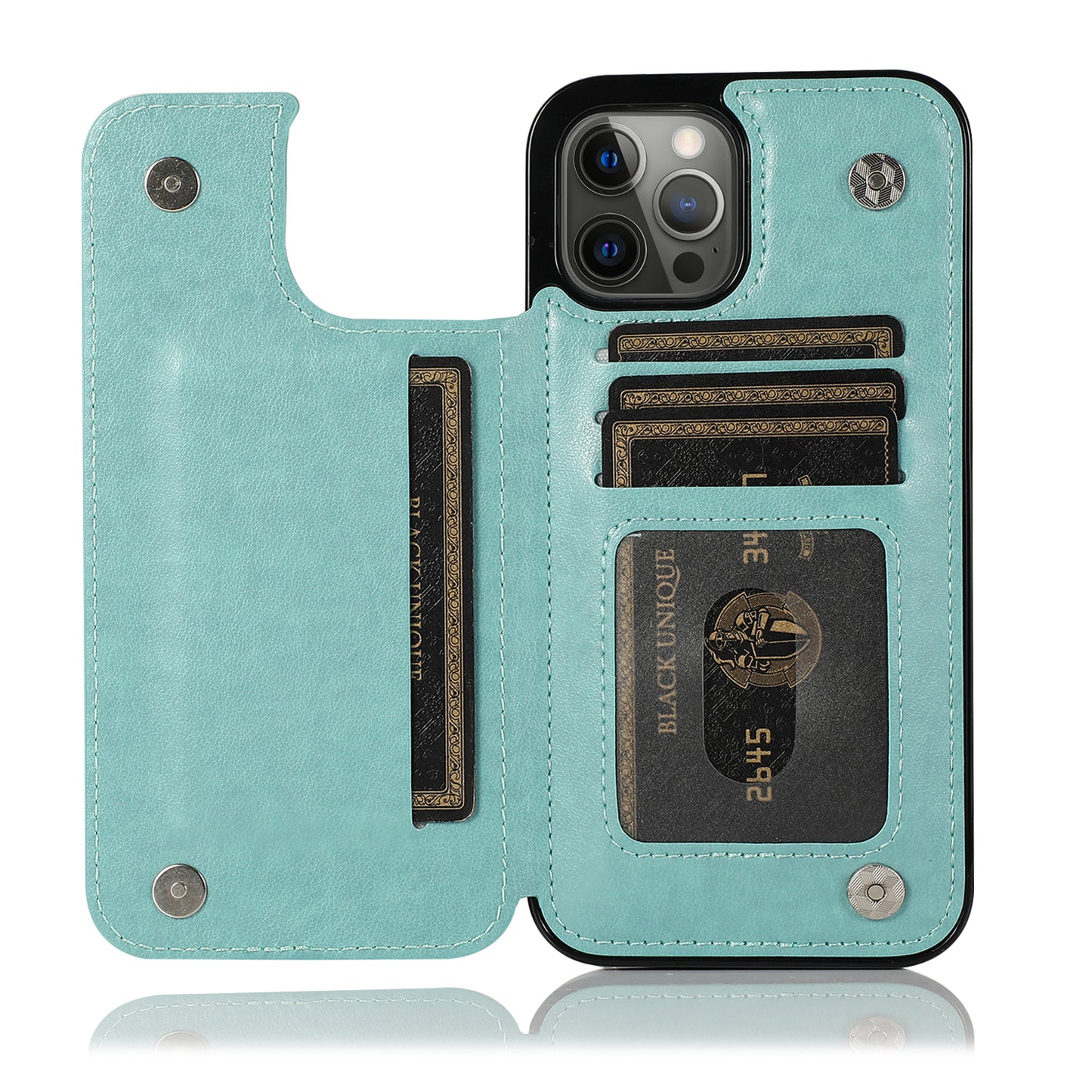 Apple iPhone 12 Pro Max 6.7 Luxury Side Magnetic Button Card ID Holder PU Leather Case Cover - Teal Butterfly (1100450)