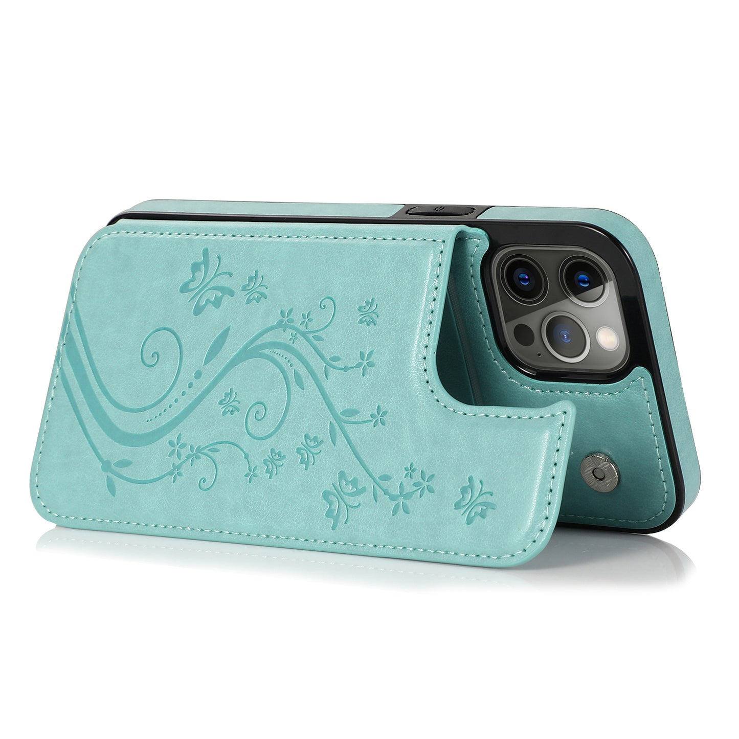 Apple iPhone 12 Pro Max 6.7 Luxury Side Magnetic Button Card ID Holder PU Leather Case Cover - Teal Butterfly (1100450)