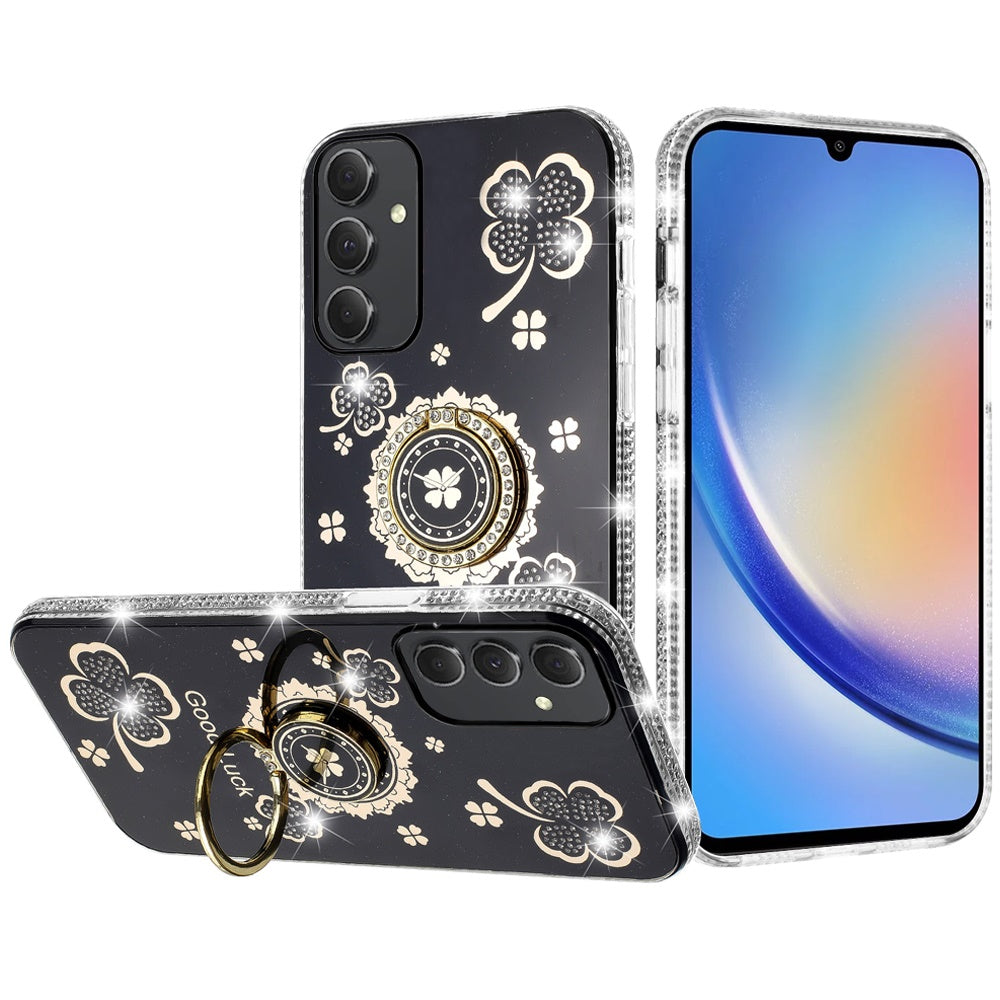 Samsung A15 5G Splendid Glitter with Diamonds All Around Edges Ring Stand Case Cover - Black ( 1103374) (MSRP $49.99)