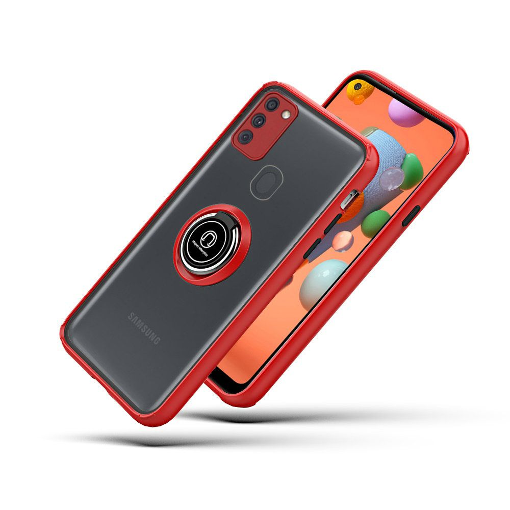 Samsung Galaxy A11 Premium Painted Leather Oil PC TPU w/ Magnetic Metal Ring - Red (10254)