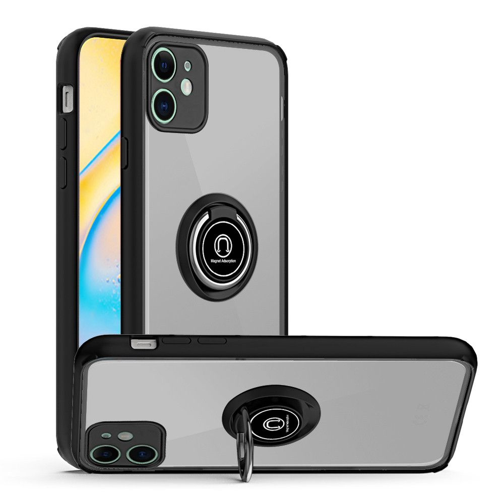 Apple iPhone 12 5.4 inch Premium Painted Leather w/ Magnetic Metal Ring - Black (10281)