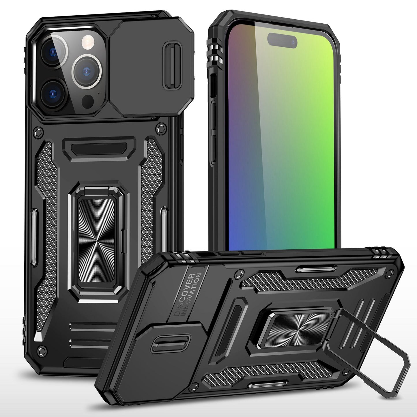 iPhone 15 Pro Max Utter Tough Metal Ring Movable Camera Window Hybrid Case Cover - Black (1106176)