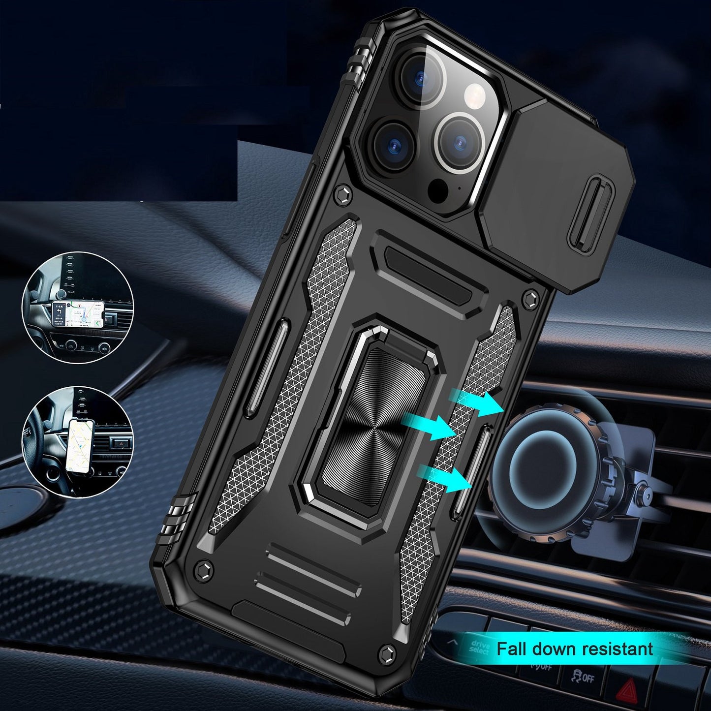 iPhone 15 Pro Max Utter Tough Metal Ring Movable Camera Window Hybrid Case Cover - Black (1106176)