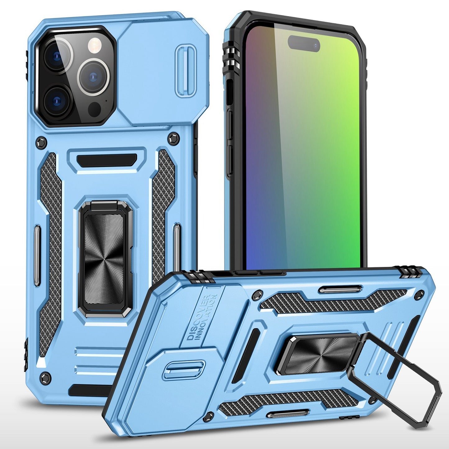 iPhone 15 Pro Max Utter Tough Metal Ring Movable Camera Window Hybrid Case Cover - Light Blue (1106177)