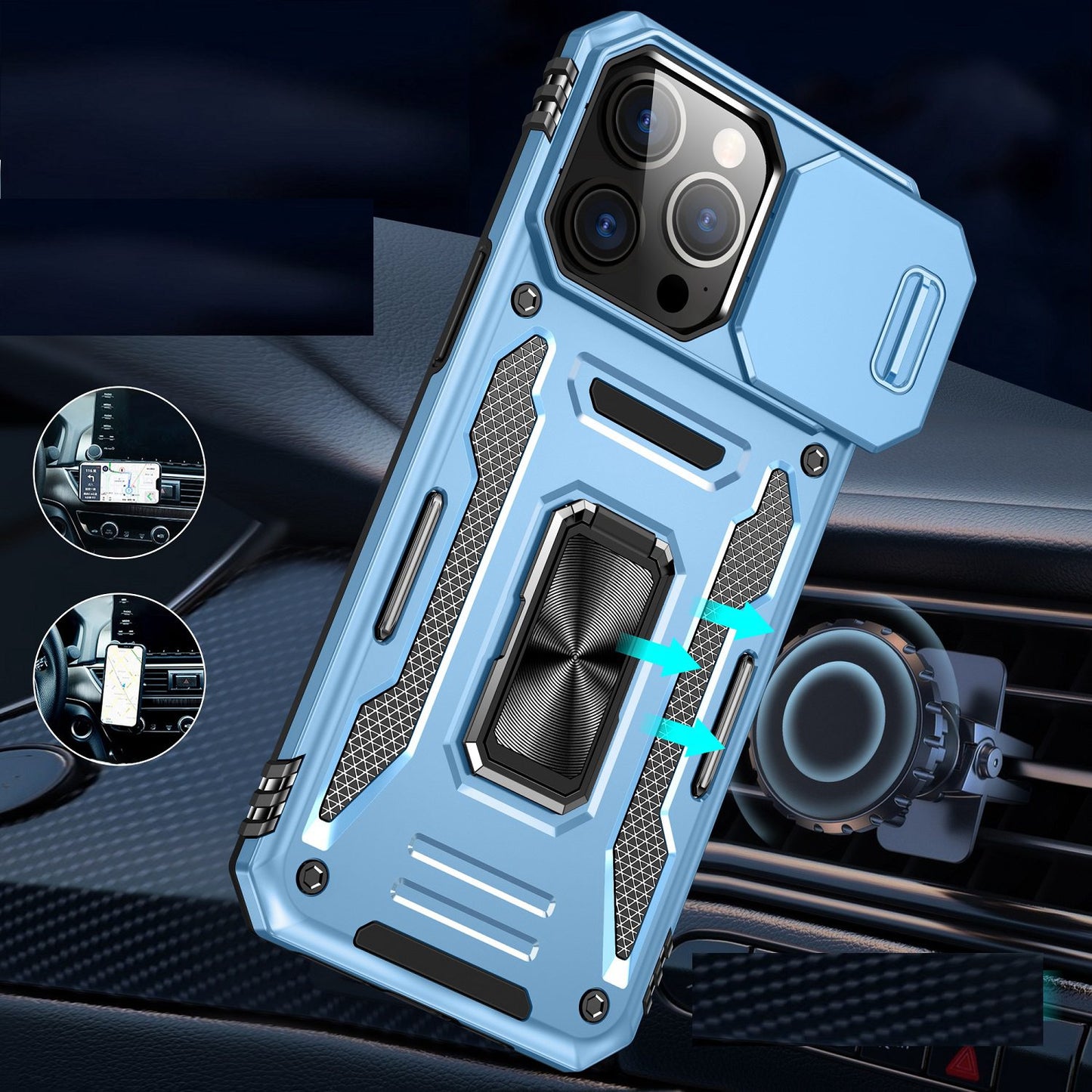 iPhone 15 Pro Max Utter Tough Metal Ring Movable Camera Window Hybrid Case Cover - Light Blue (1106177)