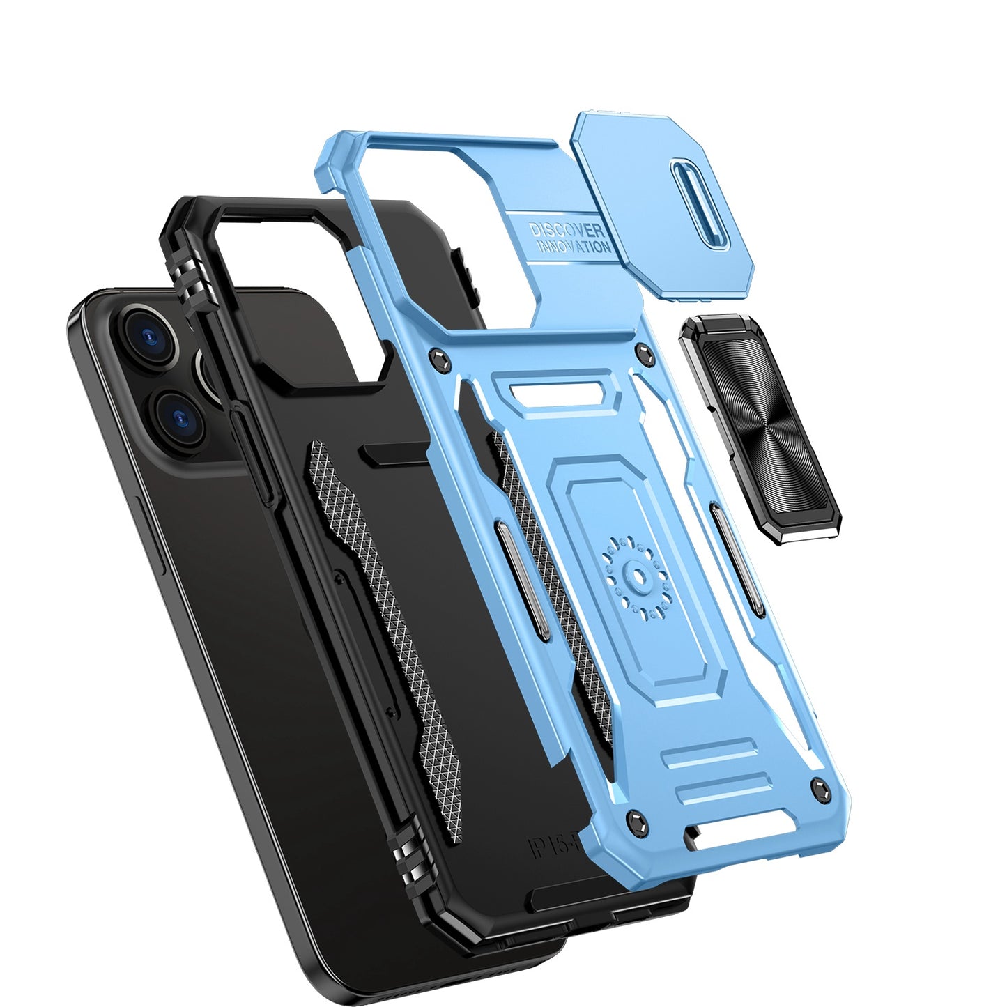 iPhone 15 Pro Max Utter Tough Metal Ring Movable Camera Window Hybrid Case Cover - Light Blue (1106177)