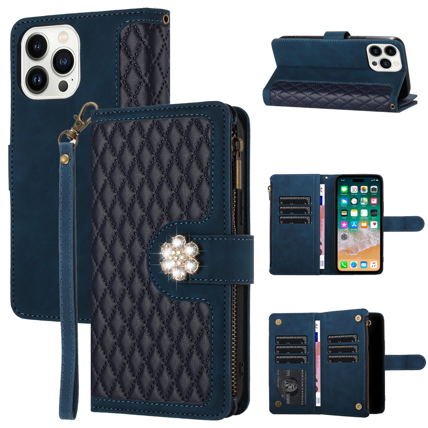 iPhone 12 & iPhone 12 Pro Jewel Wallet Design with Stitched PU Leather ID Card Money Holder Zipper Case - Navy Blue (1106460)