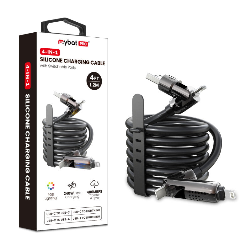 MyBat Pro 4-in-1 Silicone Charging Cable w/ RGB Lights - 4FT - Black (1107564) (MSRP 49.99)