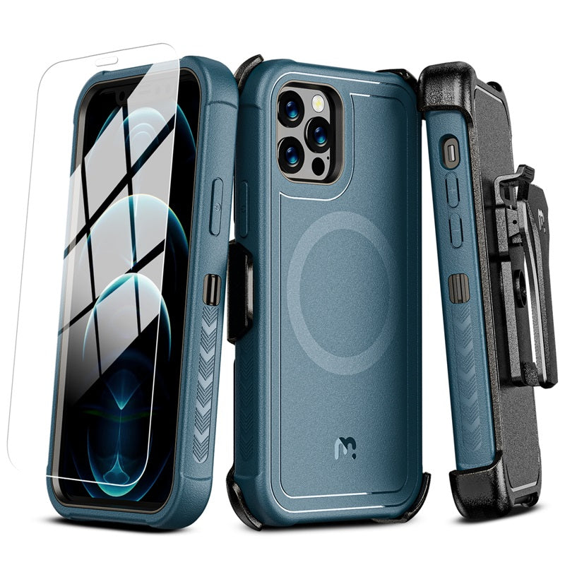 MyBat Pro Maverick Series MagSafe Case w/ Holster and Tempered Glass for Apple iPhone 12 / 12 Pro (6.1) - Blue (1107760)