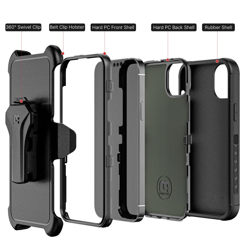MyBat Pro Maverick Series Case w/ Holster and Tempered Glass for Apple iPhone 16e /15/ 14 / 13 - Black (1102745)