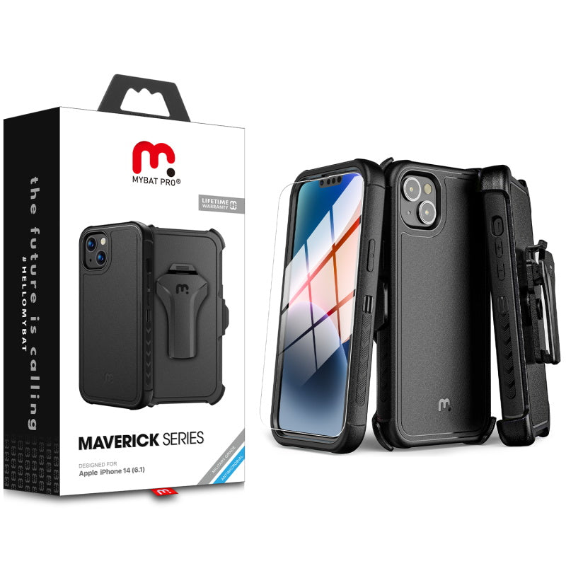 MyBat Pro Maverick Series Case w/ Holster and Tempered Glass for Apple iPhone 16e /15/ 14 / 13 - Black (1102745)