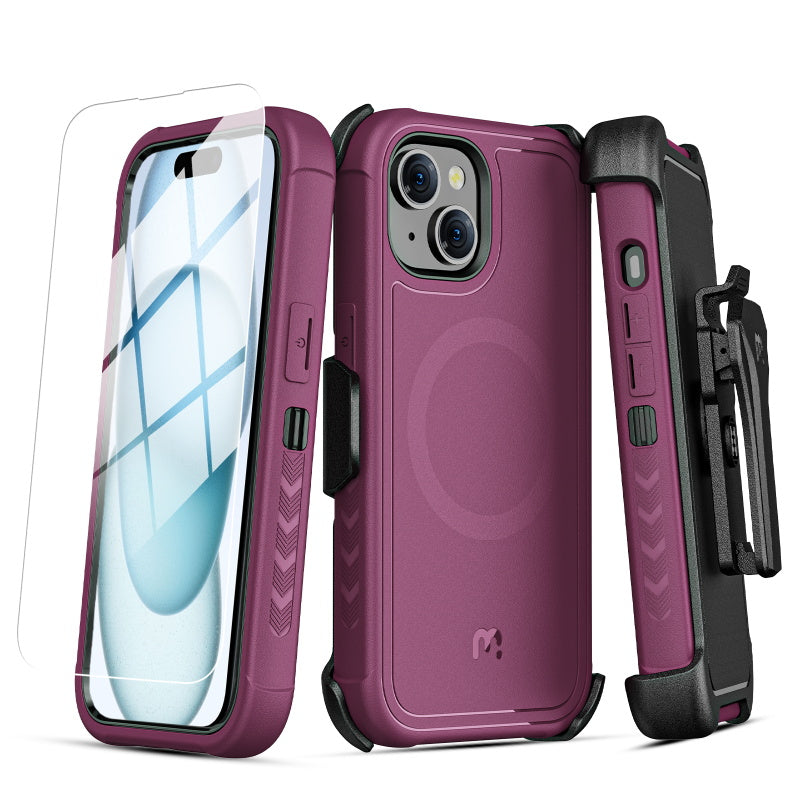 MyBat Pro Antimicrobial Maverick Series w/ MagSafe Case with Holster and Tempered Glass for Apple iPhone 15 Plus (6.7) - Plum / Black (1106120)
